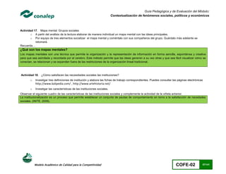 Guía Pedagógica y de Evaluación del Módulo:
                                                                           Contextualización de fenómenos sociales, políticos y económicos



Actividad 17. Mapa mental: Grupos sociales
       o A partir del análisis de la lectura elaborar de manera individual un mapa mental con las ideas principales.
       o Por equipo de tres elementos socializar el mapa mental y coméntalo con sus compañeros del grupo. Guárdalo más adelante se
           retomará.
Recuerda…
¿Qué son los mapas mentales?
Los mapas mentales son una técnica que permite la organización y la representación de información en forma sencilla, espontánea y creativa
para que sea asimilada y recordada por el cerebro. Este método permite que las ideas generen a su vez otras y que sea fácil visualizar cómo se
conectan, se relacionan y se expanden fuera de las restricciones de la organización lineal tradicional.



Actividad 18. ¿Cómo satisfacen las necesidades sociales las instituciones?
       o   Investigar tres definiciones de institución y elabora las fichas de trabajo correspondientes. Puedes consultar las páginas electrónicas
           http://www.kalipedia.com/ , http://www.artehistoria.net/
       o   Investigar las características de las instituciones sociales.
Observar el siguiente cuadro de las características de las instituciones sociales y complemente la actividad de la viñeta anterior.
La institucionalización es un proceso que permite establecer un conjunto de pautas de comportamiento en torno a la satisfacción de necedades
sociales. (INITE, 2009).




           Modelo Académico de Calidad para la Competitividad                                                               COFE-02              57/141
 