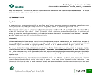 Guía Pedagógica y de Evaluación del Módulo:
                                                                        Contextualización de fenómenos sociales, políticos y económicos

Desde esta perspectiva, a continuación se describen brevemente los tipos de aprendizaje que guiarán el diseño de las estrategias y las técnicas
que deberán emplearse para el desarrollo de las mismas:



TIPOS APRENDIZAJES.


Significativo

Se fundamenta en una concepción constructivista del aprendizaje, la cual se nutre de diversas concepciones asociadas al cognoscitivismo, como
la teoría psicogenética de Jean Piaget, el enfoque sociocultural de Vygotsky y la teoría del aprendizaje significativo de Ausubel.

Dicha concepción sostiene que el ser humano tiene la disposición de aprender verdaderamente sólo aquello a lo que le encuentra sentido en
virtud de que está vinculado con su entorno o con sus conocimientos previos. Con respecto al comportamiento del alumno, se espera que sean
capaces de desarrollar aprendizajes significativos, en una amplia gama de situaciones y circunstancias, lo cual equivale a “aprender a
aprender”, ya que de ello depende la construcción del conocimiento.

Colaborativo.

El aprendizaje colaborativo puede definirse como el conjunto de métodos de instrucción o entrenamiento para uso en grupos, así como de
estrategias para propiciar el desarrollo de habilidades mixtas (aprendizaje y desarrollo personal y social). En el aprendizaje colaborativo cada
miembro del grupo es responsable de su propio aprendizaje, así como del de los restantes miembros del grupo (Johnson, 1993.)

Más que una técnica, el aprendizaje colaborativo es considerado una filosofía de interacción y una forma personal de trabajo, que implica el
manejo de aspectos tales como el respeto a las contribuciones y capacidades individuales de los miembros del grupo (Maldonado Pérez,
2007). Lo que lo distingue de otro tipo de situaciones grupales, es el desarrollo de la interdependencia positiva entre los alumnos, es decir, de una
toma de conciencia de que sólo es posible lograr las metas individuales de aprendizaje si los demás compañeros del grupo también
logran las suyas.

El aprendizaje colaborativo surge a través de transacciones entre los alumnos, o entre el docente y los alumnos, en un proceso en el cual cambia
la responsabilidad del aprendizaje, del docente como experto, al alumno, y asume que el docente es también un sujeto que aprende. Lo más
importante en la formación de grupos de trabajo colaborativo es vigilar que los elementos básicos estén claramente estructurados en cada sesión




           Modelo Académico de Calidad para la Competitividad                                                                COFE-02               7/141
 