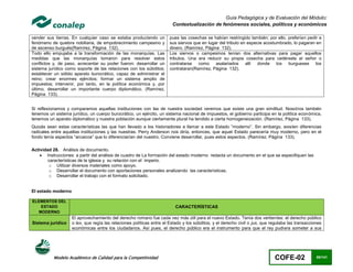 Guía Pedagógica y de Evaluación del Módulo:
                                                                        Contextualización de fenómenos sociales, políticos y económicos

vender sus tierras. En cualquier caso se estaba produciendo un        pues las cosechas se habían restringido también; por ello, preferían pedir a
fenómeno de quiebra nobiliaria, de empobrecimiento campesino y        sus siervos que en lugar del tributo en especie acostumbrado, lo pagaran en
de ascenso burgués(Ramírez, Página 132).                              dinero. (Ramírez, Página 132).
Todo ello empujaba a la transformación de las monarquías. Las         Los siervos o campesinos tenían dos alternativas para pagar aquellos
medidas que las monarquías tomaron para resolver estos                tributos. Una era reducir su propia cosecha para cedérsela al señor o
conflictos y, de paso, acrecentar su poder fueron: desarrollar un     contratarse como asalariados allí donde los burgueses los
sistema jurídico como soporte de las relaciones con los súbditos;     contrataran(Ramírez, Página 132).
establecer un sólido aparato burocrático, capaz de administrar el
reino; crear enormes ejércitos; formar un sistema amplio de
impuestos; intervenir, por tanto, en la política económica y, por
último, desarrollar un importante cuerpo diplomático. (Ramírez,
Página 133).


Si reflexionamos y comparamos aquellas instituciones con las de nuestra sociedad veremos que existe una gran similitud. Nosotros también
tenemos un sistema jurídico, un cuerpo burocrático, un ejército, un sistema nacional de impuestos, el gobierno participa en la política económica,
tenemos un aparato diplomático y nuestra población aunque ciertamente plural ha tendido a cierta homogeneización. (Ramírez, Página 133).
Quizás sean estas características las que han llevado a los historiadores a llamar a este Estado “moderno”. Sin embargo, existen diferencias
radicales entre aquellas instituciones y las nuestras. Perry Anderson nos diría, entonces, que aquel Estado parecería muy moderno, pero en el
fondo tenía aspectos “arcaicos” que lo diferenciarían del nuestro. Conviene desarrollar, pues estos aspectos. (Ramírez, Página 133).

Actividad 28. Análisis de documento.
     Instrucciones: a partir del análisis de cuadro de La formación del estado moderno redacta un documento en el que se especifiquen las
        características de la iglesia y su relación con el imperio.
         o Utilizar diversos materiales como apoyo.
         o Desarrollar el documento con aportaciones personales analizando las características.
         o Desarrollar el trabajo con el formato solicitado.


El estado moderno

ELEMENTOS DEL
    ESTADO                                                               CARACTERÍSTICAS
   MODERNO
                    El aprovechamiento del derecho romano fue cada vez más útil para el nuevo Estado. Tenía dos vertientes: el derecho público
Sistema jurídico    o lex, que regía las relaciones políticas entre el Estado y los súbditos; y el derecho civil o jus, que regulaba las transacciones
                    económicas entre los ciudadanos. Así pues, el derecho público era el instrumento para que el rey pudiera someter a sus




           Modelo Académico de Calidad para la Competitividad                                                                COFE-02               80/141
 