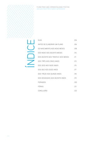 índice

PLANO PARA UMA COPARENTALIDADE POSITIVA
um guia para pais E MÃES separados

GUIA						/04
ANTES DE ELABORAR UM PLANO		

/06

DO NASCIMENTO AOS NOVE MESES		

/08

DOS NOVE AOS DEZOITO MESES		

/10

DOS DEZOITO AOS TRINTA E SEIS MESES	

/11

DOS TRÊS AOS CINCO ANOS			

/13

DOS SEIS AOS NOVE ANOS 			

/15

DOS DEZ AOS DOZE ANOS			

/17

DOS TREZE AOS QUINZE ANOS			

/18

DOS DESASSEIS AOS DEZOITO ANOS		

/19

FERIADOS					/20
FÉRIAS						/21
CONCLUSÃO					/22

/3

 