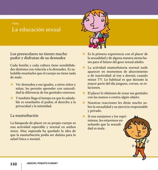tema

 La educación sexual



Los preescolares no tienen mucho                   Z	 Es la primera experiencia con el placer de
pudor y disfrutan de su desnudez                      la sexualidad y de alguna manera sienta ba-
                                                      ses para el futuro del goce sexual adulto.
Cada familia y cada cultura tiene sensibilida-
des distintas con relación a la desnudez. Es sa-   Z	 La actividad masturbatoria normal suele
ludable enseñarles que el cuerpo no tiene nada        aparecer en momentos de aburrimiento
de malo.                                              o de inactividad: al irse a dormir, cuando
                                                      miran TV. Lo habitual es que durante la
Z	 Ver desnudos a sus iguales, a otros niños y        mayor parte del día jueguen, corran, se re-
   niñas, les permite aprender con naturali-          lacionen.
   dad la diferencia de los genitales externos.    Z	 El placer lo obtienen de rozar sus genitales
Z	 Y también llega el tiempo en que lo saluda-        con las manos o contra algún objeto.
   ble es enseñarles el pudor, el derecho a la     Z	 Nuestras reacciones les dirán mucho so-
   privacidad y la intimidad.                         bre la sexualidad y su ejercicio responsable
                                                      y privado.
La masturbación                                    Z	 Si nos enojamos y los repri-
                                                      mimos, les estaremos en-
La búsqueda de placer en su propio cuerpo es          señando que la sexuali-
una actividad esperable y normal en ambos             dad es mala.
sexos. Muy superada ha quedado la idea de
que la masturbación podía ser dañina para la
salud f ísica o mental.




            ¿Mucho, poquito o nada?
132
 