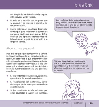 3-5 años
    ner amigos lo hará sentirse más seguro,
    más apoyado y más valioso.
Z	 Es solo en la relación con los pares que                    Los conflictos de la amistad empiezan
   se aprende y se practica el complejo in-                    muy pronto. Enseñarles a resolver peleas
   tercambio social.                                           sin violencia es uno de los objetivos más
                                                               importantes de la crianza.
Z	 Con la práctica, el niño logra desarrollar
   estrategias para relacionarse: sumarse a
   un juego, pedir algo que quiere, defen-
   derse de una agresión, y tantas otras ha-
   bilidades que seguirá incorporando a lo
   largo del tiempo.


Abuela… ¡me pegaron!
Más allá de que algún compañerito o compa-
ñerita del jardín pueda ser especialmente pe-
leador, en esta edad lo que encontramos con
más frecuencia son intercambios «agresivos»,                Más que hacer justicia, nos importa
que no tienen como objetivo dañar al otro sino              que él o ella aprenda a administrar
conseguir un objeto o una posición. Ante tales              sus emociones y a encontrar soluciones
sucesos, nuestra reacción será una poderosa                 eficaces y pacíficas a las diferencias con
enseñanza.                                                  los demás.

Z	 Si respondemos con violencia, aprenderá
   que así se solucionan los conflictos.
Z	 Si respondemos con indiferencia, apren-
   derán que están solos para defenderse
   en este mundo.
Z	 Si los humillamos o inferiorizamos por
   estar asustados o «venir con cuentos»,



                  Guía sobre pautas de crianza para niños y niñas de 0 a 5 años    UNICEF 2011           99
 