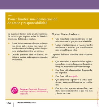 106 ¿Mucho, poquito o nada?
Poner límites: una demostración
de amor y responsabilidad
tema
La puesta de límites es la gran herramienta
de crianza que impacta sobre la fortaleza
emocional de los niños y niñas.
Z	 Poner límites es enseñarles qué es lo que
está bien y qué es lo que está mal, y per-
mitirles desarrollar la capacidad de ajus-
tarse inteligentemente a las normas.
Z	 Cuando ponemos bien los límites, los
niños se sienten más seguros, cuidados
y valorados.
Al poner límites les damos:
Z	 Una estructura comprensible que les per-
mite entender lo que pasa a su alrededor.
Z	 Guía y orientación para la vida, porque les
señalamos el camino que consideramos
más favorable para ellos.
La puesta de límites saludable tiene varios ob-
jetivos:
Z	 Que entiendan el sentido de las reglas y
aprendan a respetarlas porque las entien-
den y no por miedo u obediencia ciega.
Z	 Que desarrollen la capacidad de controlar
sus impulsos.
Z	 Que desarrollen empatía.
Z	 Que empiecen a aprender a tomar deci-
siones y a responsabilizarse de los resulta-
dos.
Z	 Que aprendan a pensar, desarrollar y ma-
durar su conciencia sobre lo que está bien
y lo que está mal.
Empatía: Capacidad de ponerse
en el lugar del otro, considerarlo y
respetarlo.
106 ¿Mucho, poquito o nada?
 