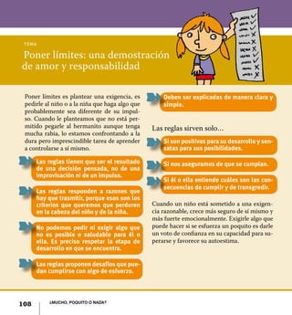 108 ¿Mucho, poquito o nada?
Poner límites: una demostración
de amor y responsabilidad
tema
	Deben ser explicadas de manera clara y
simple.
Las reglas sirven solo…
	Si son positivas para su desarrollo y sen-
satas para sus posibilidades.
	Si nos aseguramos de que se cumplan.
	Si él o ella entiende cuáles son las con-
secuencias de cumplir y de transgredir.
Cuando un niño está sometido a una exigen-
cia razonable, crece más seguro de sí mismo y
más fuerte emocionalmente. Exigirle algo que
puede hacer si se esfuerza un poquito es darle
un voto de confianza en su capacidad para su-
perarse y favorece su autoestima.
Poner límites es plantear una exigencia, es
pedirle al niño o a la niña que haga algo que
probablemente sea diferente de su impul-
so. Cuando le planteamos que no está per-
mitido pegarle al hermanito aunque tenga
mucha rabia, lo estamos confrontando a la
dura pero imprescindible tarea de aprender
a controlarse a sí mismo.
	 Las reglas tienen que ser el resultado
de una decisión pensada, no de una
improvisación ni de un impulso.
	 Las reglas responden a razones que
hay que trasmitir, porque esos son los
criterios que queremos que perduren
en la cabeza del niño y de la niña.
	No podemos pedir ni exigir algo que
no es posible o saludable para él o
ella. Es preciso respetar la etapa de
desarrollo en que se encuentra.
	 Las reglas proponen desafíos que pue-
dan cumplirse con algo de esfuerzo.
108 ¿Mucho, poquito o nada?
 