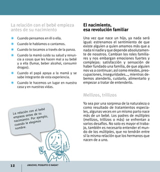 12 ¿Mucho, poquito o nada?
La relación con el bebé empieza
antes de su nacimiento
Z	 Cuando pensamos en él o ella.
Z	 Cuando le hablamos o cantamos.
Z	 Cuando lo tocamos a través de la panza.
Z	 Cuando la mamá cuida su salud y renun-
cia a cosas que les hacen mal a su bebé
y a ella (fumar, beber alcohol, consumir
drogas).
Z	 Cuando el papá apoya a la mamá y se
sabe integrante de esta experiencia.
Z	 Cuando le hacemos un lugar en nuestra
casa y en nuestras vidas.
El nacimiento,
esa revolución familiar
Una vez que nace un hijo, ya nada será
igual: estrenamos el sentimiento de que
existe alguien a quien amamos más que a
nadaninadieyquedependeabsolutamen-
te de nosotros. Cambian los roles familia-
res y nos embargan emociones fuertes y
complejas: satisfacción y sensación de
haber fundado una familia, de que alguien
nos va a continuar; así como miedos, preo-
cupaciones, inseguridades…, mientras de-
bemos atenderlo, cuidarlo, alimentarlo y
empezar a tratar de entenderlo.
Mellizos, trillizos
Ya sea por una sorpresa de la naturaleza o
como resultado de tratamientos especia-
les, algunas veces en un mismo parto nace
más de un bebé. Los padres de múltiples
(mellizos, trillizos o más) se enfrentan a
varios desafíos. No solo es mayor el traba-
jo, también es necesario entender el mun-
do de los múltiples, que no tendrán entre
sí la misma relación que los hermanos que
nacen de a uno.
La relación con el bebé
empieza antes de su
nacimiento. Por ejemplo,
cuando le elegimos
nombre.
 