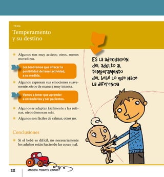 22 ¿Mucho, poquito o nada?
Temperamento
y su destino
tema
Z	 Algunos son muy activos; otros, menos
movedizos.
Les tendremos que ofrecer la
posibilidad de tener actividad,
a su medida.
Z	 Algunos expresan sus emociones suave-
mente, otros de manera muy intensa.
Vamos a tener que aprender
a entenderlos y ser pacientes.
Z	 Algunos se adaptan fácilmente a las ruti-
nas, otros demoran más.
Z	 Algunos son fáciles de calmar, otros no.
Conclusiones
Z	 Si el bebé es difícil, no necesariamente
los adultos están haciendo las cosas mal.
Es la adecuación
del adulto al
temperamento
del bebé lo que hace
la diferencia
22 ¿Mucho, poquito o nada?
 