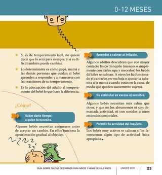 0-12 meses
23UNICEF 2011Guía sobre pautas de crianza para niños y niñas de 0 a 5 años
Aprender a calmar al irritable.
Algunos adultos descubren que con mayor
contacto físico tranquilo (masajes o simple-
mente con darles upa y mecerlos) los bebés
difíciles se calman. A otros les ha funciona-
do el cantarles en voz baja o ajustar la saba-
nita o la manta cuando están en la cuna, de
modo que queden suavemente sujetos.
No estimular en exceso al sensible.
Algunos bebés necesitan más calma que
otros, y que no los abrumemos ni con de-
masiada actividad, ni con sonidos u otros
estímulos sensoriales.
Permitir la actividad del inquieto.
Los bebés muy activos se calman si les fa-
vorecemos algún tipo de actividad física
apropiada.l
Z	 Si es de temperamento fácil, no quiere
decir que lo será para siempre, y si es di-
fícil también puede cambiar.
Z	 Lo determinante es cómo papá, mamá y
las demás personas que cuidan al bebé
aprenden a responder y a manejarse con
las reacciones de su temperamento.
Z	 Es la adecuación del adulto al tempera-
mento del bebé lo que hace la diferencia.
¿Cómo?
Saber darle tiempo
a quien lo necesita.
Algunos bebés necesitan asegurarse antes
de aceptar un cambio. En ellos funciona la
aproximación gradual al objetivo.
23UNICEF 2011Guía sobre pautas de crianza para niños y niñas de 0 a 5 años
 