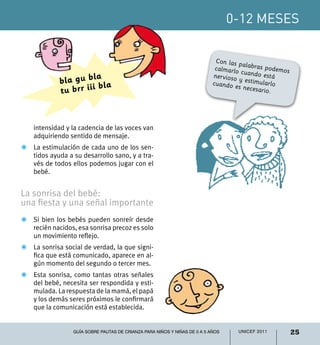 0-12 meses
25UNICEF 2011Guía sobre pautas de crianza para niños y niñas de 0 a 5 años
Con las palabras podemoscalmarlo cuando estánervioso y estimularlocuando es necesario.
intensidad y la cadencia de las voces van
adquiriendo sentido de mensaje.
Z	 La estimulación de cada uno de los sen-
tidos ayuda a su desarrollo sano, y a tra-
vés de todos ellos podemos jugar con el
bebé.
La sonrisa del bebé:
una fiesta y una señal importante
Z	 Si bien los bebés pueden sonreír desde
recién nacidos, esa sonrisa precoz es solo
un movimiento reflejo.
Z	 La sonrisa social de verdad, la que signi-
fica que está comunicado, aparece en al-
gún momento del segundo o tercer mes.
Z	 Esta sonrisa, como tantas otras señales
del bebé, necesita ser respondida y esti-
mulada. La respuesta de la mamá, el papá
y los demás seres próximos le confirmará
que la comunicación está establecida.
bla gu bla
tu brr iii bla
 