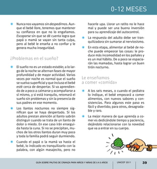 0-12 meses
39UNICEF 2011Guía sobre pautas de crianza para niños y niñas de 0 a 5 años
Z	 Nunca nos vayamos sin despedirnos. Aun-
que el bebé llore, tenemos que mantener
su confianza en que no lo engañamos.
Escaparse sin que se dé cuenta logra que
papá o mamá se vayan sin tanta culpa,
pero al bebé le enseña a no confiar y le
genera mucha inseguridad.
¿Problemas en el sueño?
Z	 El sueño no es un estado estable; a lo lar-
go de la noche se alternan fases de mayor
profundidad y de mayor actividad. Varias
veces por noche es normal que el sueño
se vuelva superficial y que incluso el bebé
esté cerca de despertar. Si va aprendien-
do de a poco a calmarse y acompañarse a
sí mismo, y si está tranquilo, retomará el
sueño sin problemas y sin la presencia de
sus padres en ese momento.
Z	 Los llantos nocturnos no siempre sig-
nifican que se haya despertado. Si los
adultos prestan atención al llanto sabrán
distinguir cuando se trata de un llanto de
dolor o miedo. En ese caso irán ensegui-
da hasta la cuna. Si no se precipitan, mu-
chos de los otros llantos duran muy poco
y toda la familia podrá seguir durmiendo.
Z	 Cuando el papá o la mamá va hasta el
bebé, lo indicado es tranquilizarlo con la
palabra, con algún masajecito, pero no
hacerle upa. Llorar un ratito no le hace
mal y puede ser una buena inversión
para su aprendizaje del autocontrol.
Z	 La respuesta del adulto debe ser tran-
quilizadora sin sumarse al nerviosismo.
Z	 En esta etapa, alimentar al bebé de no-
che puede empeorar las cosas: le pro-
duce más incomodidad en los pañales y
es un mal hábito. De a poco se espacia-
rán las mamadas, hasta lograr un buen
tirón nocturno.
Le enseñamos
a comer «comida»
Z	 A los seis meses, o cuando el pediatra
lo indique, el bebé empezará a comer
alimentos, con nuevos sabores y con-
sistencias. Para algunos este paso es
fácil y divertido; para otros, desagrada-
ble y raro.
Z	 La mejor manera de que aprenda a co-
mer es dedicándole tiempo y paciencia,
dejándolo relacionarse con la novedad
que va a entrar en su cuerpo.
 