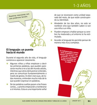 1-3 años
51UNICEF 2011Guía sobre pautas de crianza para niños y niñas de 0 a 5 años
El lenguaje: un puente
hacia el mundo
Durante el segundo año de vida, el lenguaje
comienza a aparecer claramente.
Z	Algunos niños y niñas empiezan a decir
las primeras palabras, que pueden pare-
cerse mucho o no a las del mundo adulto,
mientras que otros demuestran entender,
pero se comunican fundamentalmente a
través de gestos. Es bien claro que, de to-
das maneras, entienden mucho más de lo
que pueden expresar en palabras.
Z	 De las palabras sueltas pasan a las frases
cortas… y pronto empezarán a nombrarse
a sí mismos. Esta es una importante señal
Es indispensable comen-tarle al pediatra si nosparece que no oye, o noentiende, o no hablalo que ya hablan losdemás chiquitos desu edad.
de que se reconocen como unidad sepa-
rada del resto, de que están construyen-
do su identidad.
Z	Alrededor de los dos años, no solo se
nombran sino que también saben si son
una niña o un niño.
Z	 Pueden empezar a hablar porque su cere-
bro ha madurado y el entorno lo ha esti-
mulado.
Z	Acceder al lenguaje les permite pensar de
manera más rica y compleja.
Nuestras reacciones son
una poderosa lección.
 