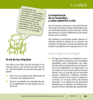 1-3 años
55UNICEF 2011Guía sobre pautas de crianza para niños y niñas de 0 a 5 años
La importancia
de su tenacidad…
y cómo sobrevivir a ella
Ser tan tenaces como son a esta edad les per-
mite seguir intentando lograr habilidades a pe-
sar de las dificultades y de los fracasos. ¿Cómo
aprenderían a caminar hábilmente si se atemo-
rizaran con las caídas?
Sin embargo, la tenacidad puede volverse in-
cómoda cuando la aplican en su relación con
nosotros. Un ejemplo: cuando les pedimos que
recojan sus juguetes y la respuesta es no y no.
¿Cómo lograr que lo hagan?
Z	 En lugar de enojarnos y establecer una lu-
cha de poderes, podemos usar estrategias
saludables para entendernos con ellos.
Una de ellas es introducirlos en el desarro-
llo de las habilidades de negociación, en
las cuales no hay uno que gana y otro que
pierde, sino un acuerdo por el cual todos
quedan satisfechos. Podemos decirles:
«¿Qué te parece si yo recojo un juguete y
tú otro?», en un buen clima y de manera
divertida. Y no olvidarnos de felicitarlos
después por su trabajo y de disfrutar jun-
tos por lo bien ordenado que quedó todo.
Es primordial querespondamos a sus pedidos
con respeto. Cuando sean
razonables, los aceptaremos.
Cuando no lo sean, igual
les demostraremos quelos escuchamos, que los
entendemos… pero que hay
otros motivos por los que no
accedemos a lo que piden.
El no de los chiquitos
Los niños y las niñas no solo escuchan el no
muchas veces, y les resulta muy fácil de de-
cir… Decirlo también les permite ¡descubrir su
poder!
Z	 Decir no es un ejercicio de afirmación de
sí mismo y de independencia.
Z	Al decir no también van entendiendo me-
jor el significado de esta palabra tan im-
portante.
 
