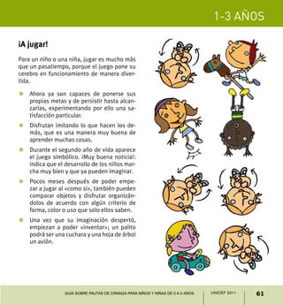 1-3 años
61UNICEF 2011Guía sobre pautas de crianza para niños y niñas de 0 a 5 años
¡A jugar!
Para un niño o una niña, jugar es mucho más
que un pasatiempo, porque el juego pone su
cerebro en funcionamiento de manera diver-
tida.
Z	Ahora ya son capaces de ponerse sus
propias metas y de persistir hasta alcan-
zarlas, experimentando por ello una sa-
tisfacción particular.
Z	 Disfrutan imitando lo que hacen los de-
más, que es una manera muy buena de
aprender muchas cosas.
Z	 Durante el segundo año de vida aparece
el juego simbólico. ¡Muy buena noticia!:
indica que el desarrollo de los niños mar-
cha muy bien y que ya pueden imaginar.
Z	 Pocos meses después de poder empe-
zar a jugar al «como si», también pueden
comparar objetos y disfrutar organizán-
dolos de acuerdo con algún criterio de
forma, color o uso que solo ellos saben.
Z	Una vez que su imaginación despertó,
empiezan a poder «inventar»; un palito
podrá ser una cuchara y una hoja de árbol
un avión.
 