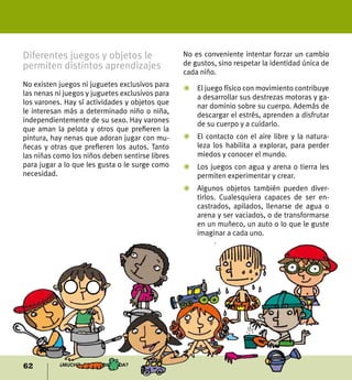 62 ¿Mucho, poquito o nada?
Diferentes juegos y objetos le
permiten distintos aprendizajes
No existen juegos ni juguetes exclusivos para
las nenas ni juegos y juguetes exclusivos para
los varones. Hay sí actividades y objetos que
le interesan más a determinado niño o niña,
independientemente de su sexo. Hay varones
que aman la pelota y otros que prefieren la
pintura, hay nenas que adoran jugar con mu-
ñecas y otras que prefieren los autos. Tanto
las niñas como los niños deben sentirse libres
para jugar a lo que les gusta o le surge como
necesidad.
No es conveniente intentar forzar un cambio
de gustos, sino respetar la identidad única de
cada niño.
Z	 El juego físico con movimiento contribuye
a desarrollar sus destrezas motoras y ga-
nar dominio sobre su cuerpo. Además de
descargar el estrés, aprenden a disfrutar
de su cuerpo y a cuidarlo.
Z	 El contacto con el aire libre y la natura-
leza los habilita a explorar, para perder
miedos y conocer el mundo.
Z	 Los juegos con agua y arena o tierra les
permiten experimentar y crear.
Z	Algunos objetos también pueden diver-
tirlos. Cualesquiera capaces de ser en-
castrados, apilados, llenarse de agua o
arena y ser vaciados, o de transformarse
en un muñeco, un auto o lo que le guste
imaginar a cada uno.
 
