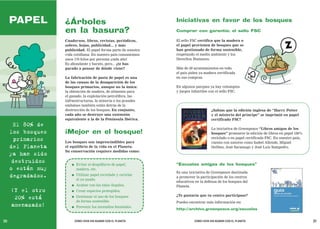PAPEL         ¿Árboles                                      Iniciativas en favor de los bosques
                   en la basura?                                 Comprar con garantía: el sello FSC

                   Cuadernos, libros, revistas, periódicos,      El sello FSC certifica que la madera o
                   sobres, hojas, publicidad... y más            el papel provienen de bosques que se
                   publicidad. El papel forma parte de nuestra   han gestionado de forma sostenible,
                   vida cotidiana. En nuestro país consumimos    respetando el medio ambiente y los
                   unos 170 kilos por persona ¡cada año!         Derechos Humanos.
                   Es abundante y barato, pero... ¿te has
                   parado a pensar de dónde viene?               Más de 20 ayuntamientos en todo
                                                                 el país piden ya madera certificada
                   La fabricación de pasta de papel es una       en sus compras.
                   de las causas de la desaparición de los
                   bosques primarios, aunque no la única:        En algunos parques ya hay columpios
                   la obtención de madera, de alimento para      y juegos infantiles con el sello FSC.
                   el ganado, la explotación petrolífera, las
                   infraestructuras, la minería o los grandes
                   embalses también están detrás de la
                   destrucción de los bosques. En conjunto,                           ¿Sabías que la edición inglesa de “Harry Potter
                   cada año se destruye una extensión                                 y el misterio del príncipe” se imprimió en papel
                   equivalente a la de la Península Ibérica.                          certificado FSC?
      El 80% de
                                                                                      La iniciativa de Greenpeace “Libros amigos de los
     los bosques   ¡Mejor en el bosque!                                               bosques” promueve la edición de libros en papel 100%
       primarios                                                                      reciclado o en papel certificado FSC. En nuestro país,
                   Los bosques son imprescindibles para                               cuenta con autores como Isabel Allende, Miguel
     del Planeta   el equilibrio de la vida en el Planeta.                            Delibes, José Saramago y José Luis Sampedro.
                   Su conservación requiere medidas como:
     ya han sido
      destruidos      ●    Evitar el despilfarro de papel,       “Escuelas amigas de los bosques”
     o están muy           madera, etc.
                                                                 Es una iniciativa de Greenpeace destinada
     degradados.      ●    Utilizar papel reciclado y reciclar
                                                                 a promover la participación de los centros
                           el ya usado.
                                                                 educativos en la defensa de los bosques del
                      ●    Acabar con las talas ilegales.        Planeta.
     ¡Y el otro       ●    Crear espacios protegidos.
                      ●    Gestionar el uso de los bosques       ¿Te gustaría que tu centro participase?
      20% está
                           de forma sostenible.                  Puedes encontrar más información en:
     amenazado!       ●    Prevenir los incendios forestales.
                                                                 http://archivo.greenpeace.org/escuelas


20                        CÓMO VIVIR SIN ACABAR CON EL PLANETA             CÓMO VIVIR SIN ACABAR CON EL PLANETA                                21
 