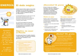 ENERGÍA          El dedo mágico                                   ¿Renovables? SÍ, gracias
                                                                  El sol, el viento, los residuos
                                                                  forestales, agrícolas o ganaderos...
                 ¿Serías capaz de decir cuántas veces al día
                                                                  son fuentes de energía limpias,
                 consigues, con un sólo dedo, encender la
                                                                  abundantes y renovables.
                 luz, poner en marcha el ordenador, la tele,
                                                                  ¿Sabías que en pocas décadas,
                 el vídeo, el DVD, el equipo de música,
                                                                  podrían proporcionarnos toda
                 la videoconsola...?
                                                                  la energía que necesitamos?

                 La electricidad ilumina la noche, hace la vida
                 más cómoda, entretiene nuestro ocio,             Viento en popa                                      Escuelas solares
                 mantiene en funcionamiento las industrias
                                                                  España es líder en fabricación de               Más de 100 centros de enseñanza
                 que producen todo lo que consumimos...
                                                                  aerogeneradores y en generación                 participan en el proyecto
                 y, además, ¡parece limpia!
                                                                  de energía eólica. ¡Tenemos ya 400              solarízate, de Greenpeace y el IDAE*:
                                                                  parques eólicos!
                 Pero el CO2 que emiten las centrales                                                             ●    Producen electricidad con paneles
                 térmicas donde se quema carbón, petróleo         ●   Producen el 10% de la electricidad               solares.
                 o gas para generar electricidad ha variado           del país.
                                                                                                                  ●    Realizan actividades de
                 la composición de la atmósfera ¡y está
                                                                  ●   Evitan la emisión de 5 millones                  sensibilización sobre la energía
                 cambiando el clima!
                                                                      de toneladas de CO2 al año.                      solar.
                                                                  ●   Generan unos 13.000 puestos de              *INSTITUTO PARA LA DIVERSIFICACIÓN Y AHORRO DE LA
                                                                                                                  ENERGÍA. MINISTERIO DE INDUSTRIA.
     Huracanes   Objetivo: no cocer                                   trabajo directos e indirectos.

     de mayor    el Planeta
   intensidad,                                                                                        ¿Nuclear? NO, gracias
                 Los pasos para frenar el cambio climático
  más sequías,   y tratar de reducir los daños que ocasiona
                                                                                                         ● Las centrales nucleares emiten
                                                                                                          radiactividad al medio ambiente.
 inundaciones,   se tienen que encaminar en tres
                 direcciones:                                                                           ● Generan residuos radiactivos que
   deshielo de                                                                                         seguirán siendo peligrosos durante
 los glaciares                                                                                        centenares de miles de años.
y de las zonas      ●   Apoyar las energías limpias y                                             ● Cerca de diferentes centrales nucleares se
                        renovables.                                                             ha detectado mayor incidencia de cáncer.
    polares...      ●   Ahorrar energía evitando
                                                                                       ● El accidente de Chernóbil (Ucrania, 1986) ya ha
                        derrocharla inútilmente.
                                                                      causado 200.000 muertes.
                    ●   Utilizarla de forma racional y
   ¡El cambio           eficiente en la ciudad, en los                ●   Es muy cara. Sólo se mantiene con un fuerte apoyo estatal.
    climático           edificios, en la industria, en el             ●   El Protocolo de Kioto la excluye como medida para frenar el cambio
                        transporte, en casa...
 ya está aquí!                                                            climático.


10                      CÓMO VIVIR SIN ACABAR CON EL PLANETA                   CÓMO VIVIR SIN ACABAR CON EL PLANETA                                                   11
 
