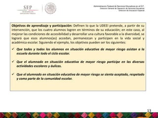 Administración Federal de Servicios Educativos en el D.F.
Dirección General de Operación de Servicios Educativos
Dirección de Educación Especial
Objetivos de aprendizaje y participación: Definen lo que la UDEEI pretende, a partir de su
intervención, que los cuatro alumnos logren en términos de su educación; en este caso, al
mejorar las condiciones de accesibilidad y desarrollar una cultura favorable a la diversidad, se
logrará que esos alumnos(as) accedan, permanezcan y participen en la vida social y
académica escolar. Siguiendo el ejemplo, los objetivos pueden ser los siguientes:
 Que todas y todos los alumnos en situación educativa de mayor riesgo asistan a la
escuela durante todo el ciclo escolar.
 Que el alumnado en situación educativa de mayor riesgo participe en las diversas
actividades escolares y áulicas.
 Que el alumnado en situación educativa de mayor riesgo se sienta aceptado, respetado
y como parte de la comunidad escolar.
13
 
