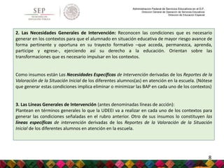 Administración Federal de Servicios Educativos en el D.F.
Dirección General de Operación de Servicios Educativos
Dirección de Educación Especial
2. Las Necesidades Generales de Intervención: Reconocen las condiciones que es necesario
generar en los contextos para que el alumnado en situación educativa de mayor riesgo avance de
forma pertinente y oportuna en su trayecto formativo –que acceda, permanezca, aprenda,
participe y egrese-, ejerciendo así su derecho a la educación. Orientan sobre las
transformaciones que es necesario impulsar en los contextos.
Como insumos están Las Necesidades Específicas de Intervención derivadas de los Reportes de la
Valoración de la Situación Inicial de los diferentes alumnos(as) en atención en la escuela. (Nótese
que generar estas condiciones implica eliminar o minimizar las BAP en cada uno de los contextos)
3. Las Líneas Generales de Intervención (antes denominadas líneas de acción):
Plantean en términos generales lo que la UDEEI va a realizar en cada uno de los contextos para
generar las condiciones señaladas en el rubro anterior. Otro de sus insumos lo constituyen las
líneas específicas de intervención derivadas de los Reportes de la Valoración de la Situación
Inicial de los diferentes alumnos en atención en la escuela.
8
 