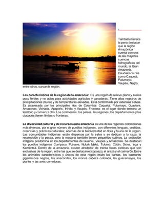 

También merece
la pena destacar
que la región
Amazónica
cuenta con una
de las mayores
cuencas
hidrográficas del
mundo, la Gran
Amazonía.
Caudalosos ríos
como Caquetá,
Putumayo,
Vaupés, Negro,
entre otros, surcan la región.
Las características de la región de la amazonía: Es una región de relieve plano y suelos
poco fértiles y no aptos para actividades agrícolas y ganaderas. Tiene altos registros de
precipitaciones (lluvia) y de temperaturas elevadas. Está conformada por extensas selvas.
Es atravesada por los principales ríos de Colombia: Caquetá, Putumayo, Guaviare,
Amazonas, Vichada, Apaporis, Inírida y Vaupés. Frontera: es el lugar donde termina un
territorio y comienzaotro. Los continentes, los países, las regiones, los departamentos y las
ciudades tienen límites o fronteras.
La diversidadcultural y de recursos enla amazonía es una de las regiones colombianas
más diversas, por el gran número de pueblos indígenas, con diferentes lenguas, vestidos,
creencias y prácticas culturales; además de la biodiversidad en flora y fauna de la región.
Las comunidades indígenas están dispersas por la selva y se dedican a la caza, la
recolección y la pesca, pero la mayoría también tienen pequeños cultivos. La población
indígena predomina en los departamentos de Guainía, Vaupés y Amazonas. Se destacan
los pueblos indígenas Curripaco, Puinave, Nukak Makú, Tukano, Cofán, Siona, Inga y
Kamëntsá. Dentro de la amazonía existen alrededor de treinta frutas exóticas que son
exclusivas de la región, entre las que se destacan el copoazú, el arazá y el caimarón. Entre
los animales característicos y únicos de esta región están las dantas, los caimanes
gigantescos negros, las anacondas, los monos cabeza colorada, las guacamayas, los
piuríes y las aves corredoras.
 
