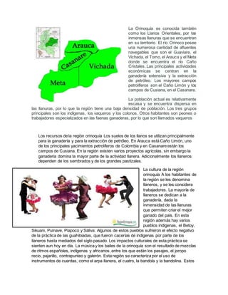 La Orinoquía es conocida también
como los Llanos Orientales, por las
inmensas llanuras que se encuentran
en su territorio. El río Orinoco posee
una numerosa cantidad de afluentes
navegables que son el Guaviare, el
Vichada, el Tomo, el Arauca y el Meta
donde se encuentra el río Caño
Cristales. Las principales actividades
económicas se centran en la
ganadería extensiva y la extracción
de petróleo. Los mayores campos
petrolíferos son el Caño Limón y los
campos de Cusiana, en el Casanare.
La población actual es relativamente
escasa y se encuentra dispersa en
las llanuras, por lo que la región tiene una baja densidad de población. Los tres grupos
principales son los indígenas, los vaqueros y los colonos. Otros habitantes son peones o
trabajadores especializados en las faenas ganaderas, por lo que son llamados vaqueros
Los recursos de la región orinoquía Los suelos de los llanos se utilizan principalmente
para la ganadería y para la extracción de petróleo. En Arauca está Caño Limón, uno
de los principales yacimientos petrolíferos de Colombia y en Casanare están los
campos de Cusiana. En la región existen varios proyectos agrícolas, sin embargo la
ganadería domina la mayor parte de la actividad llanera. Adicionalmente los llaneros
dependen de los sembrados y de los grandes pastizales.
La cultura de la región
orinoquía A los habitantes de
la región se les denomina
llaneros, y se les considera
trabajadores. La mayoría de
llaneros se dedican a la
ganadería, dada la
inmensidad de las llanuras
que permiten criar el mejor
ganado del país. En esta
región además hay varios
pueblos indígenas, el Betoy,
Sikuani, Puinave, Piapoco y Sáliva. Algunos de estos pueblos sufrieron el efecto negativo
de la práctica de las guahibiadas, que fueron cacerías de indígenas por parte de los
llaneros hasta mediados del siglo pasado. Los impactos culturales de esta práctica se
sienten aun hoy en día. La música y los bailes de la orinoquía son el resultado de mezclas
de ritmos españoles, indígenas y africanos, entre los que están los pasajes, el joropo
recio, pajarillo, contrapunteo y galerón. Esta región se caracteriza por el uso de
instrumentos de cuerdas, como el arpa llanera, el cuatro, la bandola y la bandolina. Estos
 
