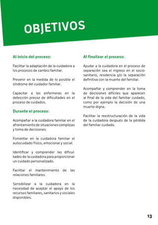 13 
OBJETIVOS 
Al finalizar el proceso: 
Ayudar a la cuidadora en el proceso de 
separación sea el ingreso en el socio-sanitario, 
residencia y/o la separación 
definitiva con la muerte del familiar. 
Acompañar y comprender en la toma 
de decisiones difíciles que aparecen 
al final de la vida del familiar cuidado, 
como por ejemplo la decisión de una 
muerte digna. 
Facilitar la reestructuración de la vida 
de la cuidadora después de la pérdida 
del familiar cuidado. 
Al inicio del proceso: 
Facilitar la adaptación de la cuidadora a 
los procesos de cambio familiar. 
Prevenir en la medida de lo posible el 
síndrome del cuidador familiar. 
Capacitar a las enfermeras en la 
detección precoz de dificultades en el 
proceso de cuidados. 
Durante el proceso: 
Acompañar a la cuidadora familiar en el 
afrontamiento de situaciones complejas 
y toma de decisiones. 
Fomentar en la cuidadora familiar el 
autocuidado físico, emocional y social. 
Identificar y comprender las dificul-tades 
de la cuidadora para proporcionar 
un cuidado personalizado. 
Facilitar el mantenimiento de las 
relaciones familiares. 
Sensibilizar a la cuidadora en la 
necesidad de aceptar el apoyo de los 
recursos familiares, sanitarios y sociales 
disponibles. 
 