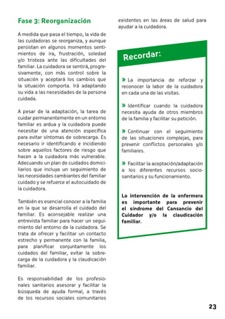 23 
Fase 3: Reorganización 
A medida que pasa el tiempo, la vida de 
las cuidadoras se reorganiza, y aunque 
persistan en algunos momentos senti-mientos 
de ira, frustración, soledad 
y/o tristeza ante las dificultades del 
familiar. La cuidadora se sentirá, progre-sivamente, 
con más control sobre la 
situación y aceptará los cambios que 
la situación comporta. Irá adaptando 
su vida a las necesidades de la persona 
cuidada. 
A pesar de la adaptación, la tarea de 
cuidar permanentemente en un entorno 
familiar es ardua y la cuidadora puede 
necesitar de una atención específica 
para evitar síntomas de sobrecarga. Es 
necesario ir identificando e incidiendo 
sobre aquellos factores de riesgo que 
hacen a la cuidadora más vulnerable. 
Adecuando un plan de cuidados domici-liarios 
que incluya un seguimiento de 
las necesidades cambiantes del familiar 
cuidado y se refuerce el autocuidado de 
la cuidadora. 
También es esencial conocer a la familia 
en la que se desarrolla el cuidado del 
familiar. Es aconsejable realizar una 
entrevista familiar para hacer un segui-miento 
del entorno de la cuidadora. Se 
trata de ofrecer y facilitar un contacto 
estrecho y permanente con la familia, 
para planificar conjuntamente los 
cuidados del familiar, evitar la sobre-carga 
de la cuidadora y la claudicación 
familiar. 
Es responsabilidad de los profesio-nales 
sanitarios asesorar y facilitar la 
búsqueda de ayuda formal, a través 
de los recursos sociales comunitarios 
existentes en las áreas de salud para 
ayudar a la cuidadora. 
Recordar : 
»»La importancia de reforzar y 
reconocer la labor de la cuidadora 
en cada una de las visitas. 
»»Identificar cuando la cuidadora 
necesita ayuda de otros miembros 
de la familia y facilitar su petición. 
»»Continuar con el seguimiento 
de las situaciones complejas, para 
prevenir conflictos personales y/o 
familiares. 
»»Facilitar la aceptación/adaptación 
a los diferentes recursos socio-sanitarios 
y su funcionamiento. 
La intervención de la enfermera 
es importante para prevenir 
el síndrome del Cansancio del 
Cuidador y/o la claudicación 
familiar. 
 