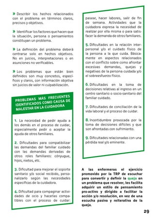 29 
»»Describir los hechos relacionados 
con el problema en términos claros, 
precisos y objetivos. 
»»Identificar los factores que hacen que 
la situación, persona o pensamientos 
constituyan un problema. 
»»La definición del problema deberá 
centrarse solo en hechos objetivos. 
No en juicios, interpretaciones o en 
asunciones no verificables. 
»»Los problemas que están bien 
definidos son muy concretos, especí-ficos 
y claros, con información objetiva 
sin juicios de valor ni culpabilización. 
PROBLEMAS MÁS FRECUENTES 
IDENTIFICADOS COMO CAUSA DE 
MALESTAR EN LA CUIDADORA 
1. La necesidad de pedir ayuda a 
los demás en el proceso de cuidar, 
especialmente pedir o aceptar la 
ayuda de otros familiares. 
2. Dificultades para compatibilizar 
las demandas del familiar cuidado 
con las demandas derivadas de 
otros roles familiares: cónyugue, 
hijos, nietos, etc. 
3. Dificultad para mejorar el soporte 
sanitario y/o social recibido, perso-nalizarlo 
según las necesidades 
especificas de la cuidadora. 
4. Dificultad para compaginar activi-dades 
de ocio y hacerlas compa-tibles 
con el proceso de cuidar: 
pasear, hacer labores, salir de fin 
de semana. Actividades que la 
cuidadora expresa la necesidad de 
realizar por ella misma o para satis-facer 
la demanda de otros familiares. 
5. Dificultades en la relación inter-personal 
y/o el cuidado físico de 
la persona a la que cuida. Básica-mente 
en aspectos relacionados 
con el conflicto sobre como afrontar 
excesivas demandas, quejas y 
negativas de la persona cuidada y/o 
el sobreesfuerzo físico. 
6. Dificultades en la toma de 
decisiones relativas al ingreso en un 
centro sanitario o socio-sanitario del 
familiar cuidado. 
7. Dificultades de conciliación de la 
vida laboral y el proceso de cuidar. 
8. Incertidumbre provocada por la 
toma de decisiones difíciles y que 
son afrontadas con sufrimiento. 
9. Dificultades relacionadas con una 
pérdida real y/o eminente. 
A las enfermeras el ejercicio 
promovido por la TRP de escuchar 
para convertir y definir la queja en 
un problema que resolver, les facilita 
adquirir un estilo de pensamiento 
pro-activo y dirigido a facilitar la 
acción y/o resolución, en vez de una 
escucha pasiva y reiterativa de la 
queja. 
 