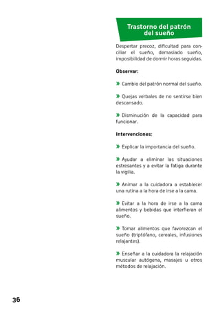 36 
Trastorno del patrón 
del sueño 
Despertar precoz, dificultad para con-ciliar 
el sueño, demasiado sueño, 
imposibilidad de dormir horas seguidas. 
Observar: 
»»Cambio del patrón normal del sueño. 
»»Quejas verbales de no sentirse bien 
descansado. 
»»Disminución de la capacidad para 
funcionar. 
Intervenciones: 
»»Explicar la importancia del sueño. 
»»Ayudar a eliminar las situaciones 
estresantes y a evitar la fatiga durante 
la vigilia. 
»»Animar a la cuidadora a establecer 
una rutina a la hora de irse a la cama. 
»»Evitar a la hora de irse a la cama 
alimentos y bebidas que interfieran el 
sueño. 
»»Tomar alimentos que favorezcan el 
sueño (triptófano, cereales, infusiones 
relajantes). 
»»Enseñar a la cuidadora la relajación 
muscular autógena, masajes u otros 
métodos de relajación. 
 