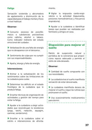 37 
Fatiga 
Sensación sostenida y abrumadora 
de agotamiento y disminución de la 
capacidad para el trabajo mental y físico 
a nivel habitual. 
Observar: 
»»Consumo excesivo de psicofár-macos 
o substancias psicoactivas 
como cafeína, alcohol o tabaco. 
Como indicador indirecto del estado 
emocional del cuidador. 
»»Verbalización de una falta de energía 
que no desaparece con el descanso. 
»»Sentimiento de culpa por no cumplir 
con sus responsabilidades. 
»»Apatía, letargo y falta de energía. 
Intervenciones: 
»»Animar a la verbalización de los 
sentimientos sobre las limitaciones de 
la cuidadora para cuidar. 
»»Determinar los déficits en el estado 
fisiológico de la cuidadora que le 
produce fatiga. 
»»Enseñar técnicas de organización de 
actividades y gestión del tiempo para 
evitar la fatiga. 
»»Ayudar a la cuidadora a elegir activi-dades 
que reconstruyan la resistencia 
(yoga, taichí, natación, aquagim, 
caminar, senderismo). 
»»Enseñar a la cuidadora sobre el 
estrés e intervenciones de afronta-miento. 
»»Vigilar la respuesta cardio-respi-ratoria 
a la actividad (taquicardia, 
presiones hemodinámicas y frecuencia 
respiratoria). 
»»Ayudar a la cuidadora a identificar 
tareas que puedan ser realizadas por 
familiares y amigos en casa. 
Disposición para mejorar el 
sueño 
Patrón de suspensión natural y 
periódica de la conciencia que propor-ciona 
reposo adecuado y permite el 
estilo de vida deseado. 
Observar: 
»»Cantidad de sueño congruente con 
sus necesidades. 
»»La cuidadora tras el sueño manifiesta 
sensación de estar descansada. 
»»La cuidadora manifiesta deseos de 
mejorar el sueño y sigue las rutinas que 
promueven el sueño. 
»»Usa ocasionalmente medicamentos 
para dormir. 
 