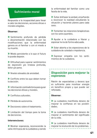41 
la enfermedad del familiar como una 
faceta de la vida. 
»»Evitar disfrazar la verdad, enseñando 
a reconocer la realidad estudiando la 
situación y haciendo planes para cada 
caso. 
»»Fomentar las relaciones terapéuticas 
con los seres queridos. 
»»Ayudar a la cuidadora a liberar y 
expresar la ira de forma adecuada. 
»»Estar abierta a las expresiones de la 
cuidadora de soledad e impotencia. 
»»Expresar simpatía con los senti-mientos 
de la cuidadora. 
Disposición para mejorar la 
esperanza 
Patrón de expectativas y deseos que 
es suficiente para movilizar energía 
en beneficio propio y que puede ser 
reforzado. 
Observar: 
»»La cuidadora manifiesta deseos de 
mejorar la confianza en las posibili-dades. 
»»La cuidadora manifiesta deseos de 
mejorar el sentimiento del significado 
de su vida. 
»»La cuidadora manifiesta deseos de 
mejorar la resolución de los problemas. 
Sufrimiento moral 
Respuesta a la incapacidad para llevar 
a cabo las decisiones, acciones éticas o 
morales elegidas. 
Observar: 
»»Sentimiento profundo de pérdida 
o desorientación relacionado con las 
modificaciones que la enfermedad 
genera en el familiar o con el miedo a 
su muerte. 
»»Miedo persistente a lo que el futuro 
le pueda deparar. 
»»Dificultad para superar sentimientos 
de depresión y/o tristeza profunda, 
dolor y/o pena. 
»»Niveles elevados de ansiedad. 
»»Conflicto entre los que deben tomar 
la decisión. 
»»Información contradictoria para guiar 
las decisiones éticas y morales. 
»»Conflictos culturales. 
»»Pérdida de autonomía. 
»»Decisiones sobre el tratamiento. 
»»Limitación del tiempo para la toma 
de decisiones. 
Intervenciones: 
»»Mostrar esperanza, reconociendo la 
valía intrínseca de la cuidadora y viendo 
 