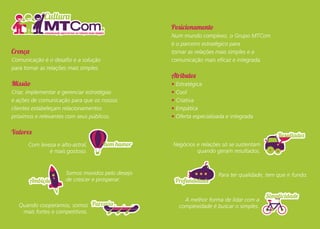 Posicionamento
                                                  Num mundo complexo, o Grupo MTCom
                                                  é o parceiro estratégico para
Crença                                            tornar as relações mais simples e a
Comunicação é o desafio e a solução               comunicação mais eficaz e integrada.
para tornar as relações mais simples.
                                                  Atributos
Missão                                            • Estratégica
Criar, implementar e gerenciar estratégias        • Cool
e ações de comunicação para que os nossos         • Criativa
clientes estabeleçam relacionamentos              • Empática
próximos e relevantes com seus públicos.          • Oferta especializada e integrada

Valores
      Com leveza e alto-astral,                   Negócios e relações só se sustentam
              é mais gostoso.                              quando geram resultados.


                      Somos movidos pelo desejo                      Para ter qualidade, tem que ir fundo.
                      de crescer e prosperar.


                                                       A melhor forma de lidar com a
   Quando cooperamos, somos                          complexidade é buscar o simples.
    mais fortes e competitivos.
 