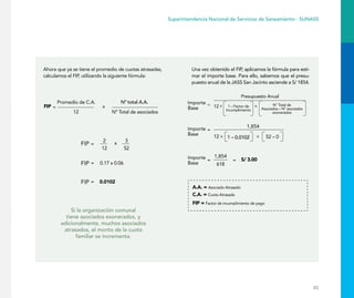 45
Superintendencia Nacional de Servicios de Saneamiento - SUNASS
Ahora que ya se tiene el promedio de cuotas atrasadas,
calculamos el FIP
, utilizando la siguiente fórmula:
Promedio de C.A.
Una vez obtenido el FIP
, aplicamos la fórmula para esti-
mar el importe base. Para ello, sabemos que el presu-
puesto anual de la JASS San Jacinto asciende a S/ 1854.
Si la organización comunal
tiene asociados exonerados, y
adicionalmente, muchos asociados
atrasados, el monto de la cuota
familiar se incrementa.
Nº total A.A.
0.0102
FIP
S/ 3.00
A.A. = Asociado Atrasado
C.A. = Cuota Atrasada
FIP = Factor de incumplimiento de pago
 