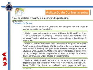 Aplicação de Conhecimentos Unidade 1: Síntese do fórum F2, Estilos de Aprendizagem, com elaboração de uma apresentação em PowerPoint. Todas as unidades pressupõem a realização de questionários formativos. Unidade 2:  optar pelos seguintes temas a) Síntese dos fóruns F3 ou F4 ou F5, em apresentação PowerPoint; b) reflexão crítica fundamentada sobre os temas Tutorias, Modelos de Cursos e Conteúdos ou Plágio (limite: 5 páginas A4). Trabahos de Grupo: Unidade 3- Criar um blog onde todos os elementos do grupo participem. Plataformas possíveis: Blogger, Wordpress, Sapo. Os elementos do grupo deverão colocar no blog postagens sobre os temas do tópico Internet e Educação: Web 2.0, eBooks, Webquests. Serão valorizadas as perspectivas críticas, correcção científica e grafismo. Na data de entrega do trabalho deverá ser enviado o URL do blog do grupo aos tutores. Unidade 4 - Elaboração de um mapa conceptual sobre um dos textos disponibilizados nos conteúdos: Wim Veen, Marc Prensky, Nicholas Carr, Sherry Turkle. Este deverá ser elaborado pelo grupo na web app Mindomo. 