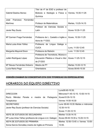 Gabriel Dasilva Alonso
Titor de 4º de ESO e profesor de
Bioloxía e Xeología e Física e
Química
Venres, 10:35-11:25
José Francisco Fernández
Martínez Profesor de Matemáticas Martes, 13:25-14:15
Javier Rey Souto
Profesor de Ciencias Sociais e
Latín Xoves 10:35-11:25
Mª Carmen Fraga Fernández Profesora de L. Castelá e Inglés e
titora de 1º ESO.
Xoves, 10:35-11:25
Maria Luisa Arias Yáñez Profesora de Lingua Galega e
CUCA Luns, 11:55-12:45
Margarita Mayoral Dixon Profesora de Relixión Luns 11:55-12:45
Julián Rodríguez López
Profesora de Tecnoloxía, Música e
Educación Plástica e Visual e titor
de 2º ESO
Xoves 11:25-12:15
Mª Nieves Fernández Dobarro Mestra de PT Martes 13:25-12:15
Lucía Reiriz Pego Orientadora Xoves 09:45-10:35
CONVÉN CHAMAR OU CONCERTAR CITA COS TITORES/AS OU ESPECIALISTAS.
HORARIOS DO EQUIPO DIRECTIVO
DIRECCION
Rocío Méndez Penela e mestra de Pedagoxía
Terapéutica
Luns09:45-10:35;
Mércores11:45-12:15; 13:55-14:15
Xoves10:35-12:15
Venres 14:50-16:30
SECRETARIO
Javier Rey Souto (profesor de Ciencias Sociais)
Luns 09:45-10:35 Martes e mércores
12:35-14:15
Xoves 11:25-12:15
XEFE DE ESTUDOS DE SECUNDARIA
Mª Luisa Arias Yáñez (profesora de Lingua e Lit. Galega)
Martes 13:35-14:15
Xoves 09:45-10:35 e 13:25-14:15
XEFA DE ESTUDOS DE PRIMARIA
Sonia García González,mestra de Inglés en Primaria
Martes 12:50-13:45 e Venres 13:05-
13:55.
 