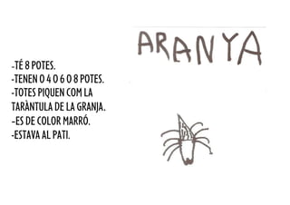 -TÉ 8 POTES.
-TENEN O 4 O 6 O 8 POTES.
-TOTES PIQUEN COM LA
TARÀNTULA DE LA GRANJA.
-ES DE COLOR MARRÓ.
-ESTAVA AL PATI.
 