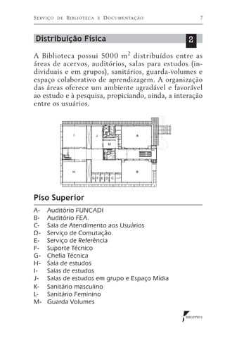 S e rv i ç o   de   Biblioteca   e   D o c u m e n ta ç ã o           7



 Distribuição Física                                           2
A Biblioteca possui 5000 m 2 distribuídos entre as
áreas de acervos, auditórios, salas para estudos (in-
dividuais e em grupos), sanitários, guarda-volumes e
espaço colaborativo de aprendizagem. A organização
das áreas oferece um ambiente agradável e favorável
ao estudo e à pesquisa, propiciando, ainda, a interação
entre os usuários.




Piso Superior
A- 	    Auditório FUNCADI
B-	     Auditório FEA.
C-	     Sala de Atendimento aos Usuários
D-	     Serviço de Comutação.
E-	     Serviço de Referência
F-	     Suporte Técnico
G-	     Chefia Técnica
H-	     Sala de estudos
I- 	    Salas de estudos
J-	     Salas de estudos em grupo e Espaço Mídia
K- 	    Sanitário masculino
L-      Sanitário Feminino
M-      Guarda Volumes

                                                              BIBLIOTECA
 