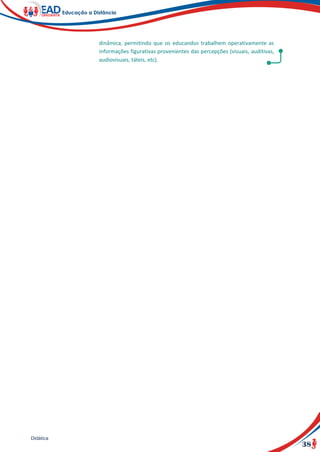 38
Didática
dinâmica, permitindo que os educandos trabalhem operativamente as
informações figurativas provenientes das percepções (visuais, auditivas,
audiovisuais, táteis, etc).
 