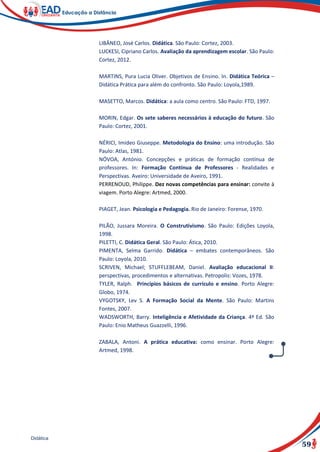 59
Didática
LIBÂNEO, José Carlos. Didática. São Paulo: Cortez, 2003.
LUCKESI, Cipriano Carlos. Avaliação da aprendizagem escolar. São Paulo:
Cortez, 2012.
MARTINS, Pura Lucia Oliver. Objetivos de Ensino. In. Didática Teórica –
Didática Prática para além do confronto. São Paulo: Loyola,1989.
MASETTO, Marcos. Didática: a aula como centro. São Paulo: FTD, 1997.
MORIN, Edgar. Os sete saberes necessários à educação do futuro. São
Paulo: Cortez, 2001.
NÉRICI, Imídeo Giuseppe. Metodologia do Ensino: uma introdução. São
Paulo: Atlas, 1981.
NÓVOA, António. Concepções e práticas de formação contínua de
professores. In: Formação Contínua de Professores - Realidades e
Perspectivas. Aveiro: Universidade de Aveiro, 1991.
PERRENOUD, Philippe. Dez novas competências para ensinar: convite à
viagem. Porto Alegre: Artmed, 2000.
PIAGET, Jean. Psicologia e Pedagogia. Rio de Janeiro: Forense, 1970.
PILÃO, Jussara Moreira. O Construtivismo. São Paulo: Edições Loyola,
1998.
PILETTI, C. Didática Geral. São Paulo: Ática, 2010.
PIMENTA, Selma Garrido. Didática – embates contemporâneos. São
Paulo: Loyola, 2010.
SCRIVEN, Michael; STUFFLEBEAM, Daniel. Avaliação educacional II:
perspectivas, procedimentos e alternativas. Petropolis: Vozes, 1978.
TYLER, Ralph. Principios básicos de currículo e ensino. Porto Alegre:
Globo, 1974.
VYGOTSKY, Lev S. A Formação Social da Mente. São Paulo: Martins
Fontes, 2007.
WADSWORTH, Barry. Inteligência e Afetividade da Criança. 4ª Ed. São
Paulo: Enio Matheus Guazzelli, 1996.
ZABALA, Antoni. A prática educativa: como ensinar. Porto Alegre:
Artmed, 1998.
 