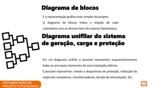 17
Diagrama de blocos
É a representação gráfica mais simples do projeto.
O diagrama de blocos indica a relação de cada
subsistema com os demais itens do sistema fotovoltaico.
Diagrama unifilar do sistema
de geração, carga e proteção
Em um diagrama unifilar é possível representar esquematicamente
todos os principais elementos de uma instalação elétrica.
É possível representar: chaves e dispositivos de proteção, indicação da
seção dos condutores, transformadores, tensão de alimentação. Etc.
 