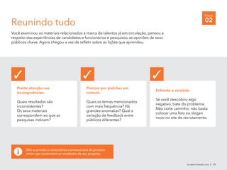 br.talent.linkedin.com | 17
Etapa
02Reunindo tudo
Você examinou os materiais relacionados à marca de talentos já em circulação, pensou a
respeito das experiências de candidatos e funcionários e pesquisou as opiniões de seus
públicos-chave. Agora chegou a vez de refletir sobre as lições que aprendeu.
Preste atenção nas
incongruências.
Quais resultados são
inconsistentes?
Os seus materiais
correspondem ao que as
pesquisas indicam?
✓
Enfrente a verdade.
Se você descobriu algo
negativo, trate do problema.
Não corte caminho: não basta
colocar uma foto ou slogan
novo no site de recrutamento.
Não se prenda a comentários extremos nem de gerentes
sênior que contrariam os resultados da sua pesquisa.
Procure por padrões em
comum.
Quais os temas mencionados
com mais frequência? Há
grandes anomalias? Qual a
variação de feedback entre
públicos diferentes? 
✓ ✓
 