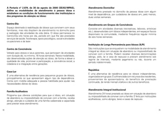 A Portaria nº 2.874, de 30 de agosto de 2000 (SEAS/MPAS),
define as modalidades de atendimento à pessoa idosa e
estabelece as condições de funcionamento das instituições e
dos programas de atenção ao idoso:

Atendimento Domiciliar

Centro-Dia

Atendimento em Grupos de Convivência

Espaço destinado à reabilitação de idosos que convivem com seus
familiares, mas não dispõem de atendimento no domicílio para
a realização das atividades da vida diária. O idoso permanece no
Centro-Dia oito horas por dia, período em que lhe são prestados
serviços de saúde, fisioterapia, apoio psicológico, social e atividades
ocupacionais e de lazer.

Atendimento prestado no domicílio da pessoa idosa com algum
nível de dependência, por cuidadores de idosos em, pelo menos,
duas visitas semanais.

Consiste em atividades diversas (recreativas, laborais, artísticas
etc.), desenvolvidas com idosos independentes, em espaços físicos
disponíveis na comunidade, mediante frequência regular mínima
de seis horas semanais.
Instituição de Longa Permanência para Idosos (ILPI)

Centro de Convivência
Voltado para idosos e seus parentes, que participam de atividades
com duração de, no mínimo, 16 horas semanais. Nesta modalidade,
são desenvolvidas ações de atenção ao idoso, de forma a elevar a
qualidade de vida, promover a participação, a convivência social, a
cidadania e a integração entre gerações.
Casa-Lar
É uma alternativa de residência para pequenos grupos de idosos,
principalmente os que apresentam algum tipo de dependência.
Conta com mobília adequada e pessoa habilitada para ajudar nas
necessidades diárias do idoso.
Família Acolhedora
Programa que oferece condições para que o idoso, em situação
de abandono ou impossibilitado de conviver com a família, receba
abrigo, atenção e cuidados de uma família cadastrada e capacitada
para prestar esse atendimento.
34

São instituições que se enquadram na modalidade de atendimento
integral ao idoso em situação de abandono ou impossibilitado de
conviver com a família. Podem receber diversas denominações
(abrigo, asilo, lar e casa de repouso) e prestam atendimento sob
regime de internato, mediante pagamento ou não, durante um
período indeterminado.
República
É uma alternativa de residência para os idosos independentes,
organizados em grupos. É cofinanciada com recursos dos residentes,
provenientes da aposentadoria, do benefício de prestação
continuada, da renda mensal vitalícia e de outros benefícios.
Atendimento Integral Institucional
Atendimento 24 horas prestado ao idoso em situação de abandono
ou impossibilitado de conviver com a família. É feito por instituições
acolhedoras, como abrigos, lares e casas de repouso.

35

 