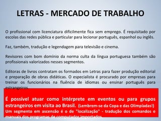 LETRAS - MERCADO DE TRABALHO
O profissional com licenciatura dificilmente fica sem emprego. É requisitado por
escolas das redes pública e particular para lecionar português, espanhol ou inglês.
Faz, também, tradução e legendagem para televisão e cinema.
Revisores com bom domínio da norma culta da língua portuguesa também são
profissionais valorizados nesses segmentos.
Editoras de livros contratam os formados em Letras para fazer produção editorial
e preparação de obras didáticas. O especialista é procurado por empresas para
treinar os funcionários na fluência de idiomas ou ensinar português para
estrangeiros.
É possível atuar como intérprete em eventos ou para grupos
estrangeiros em visita ao Brasil. (Lembrem-se da Copa e das Olimpíadas!)
Um segmento em ascensão é o de "localização" - tradução dos comandos e
manuais dos programas de computador importados.
 