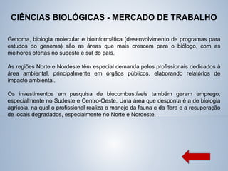 CIÊNCIAS BIOLÓGICAS - MERCADO DE TRABALHO
Genoma, biologia molecular e bioinformática (desenvolvimento de programas para
estudos do genoma) são as áreas que mais crescem para o biólogo, com as
melhores ofertas no sudeste e sul do país.
As regiões Norte e Nordeste têm especial demanda pelos profissionais dedicados à
área ambiental, principalmente em órgãos públicos, elaborando relatórios de
impacto ambiental.
Os investimentos em pesquisa de biocombustíveis também geram emprego,
especialmente no Sudeste e Centro-Oeste. Uma área que desponta é a de biologia
agrícola, na qual o profissional realiza o manejo da fauna e da flora e a recuperação
de locais degradados, especialmente no Norte e Nordeste.
 