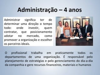 Administrar significa ter de
determinar uma direção o tempo
todo: onde investir, quem
contratar, que posicionamento
adotar no mercado, como
promover a organização e escolher
os parceiros ideais.
Administração – 4 anos
O profissional trabalha em praticamente todos os
departamentos de uma organização. É responsável pelo
planejamento de estratégias e pelo gerenciamento do dia-a-dia
da companhia e gere recursos financeiros, materiais e humanos
 