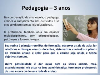 Na coordenação de uma escola, o pedagogo
verifica o cumprimento dos currículos e se
eles condizem com as leis educacionais.
O profissional também atua em equipes
multidisciplinares, com psicopedagogos,
psicólogos e fonoaudiólogos.
Sua rotina é planejar reuniões de formação, observar a sala de aula, ler
relatórios e dialogar com os docentes, sistematizar currículos e planos
de trabalho anuais e zelar para que a equipe seja unida e tenha
objetivos comuns.
Outra possibilidade é dar aulas para as séries iniciais, mas,
essencialmente, ele atua na área administrativa, formando professores
de uma escola ou de uma rede de ensino.
Pedagogia – 3 anos
 