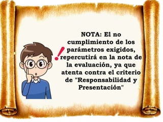 NOTA: El no
cumplimiento de los
parámetros exigidos,
repercutirá en la nota de
la evaluación, ya que
atenta contra el criterio
de "Responsabilidad y
Presentación"
 