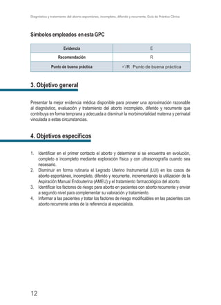 Diagnóstico y tratamiento del aborto espontáneo, incompleto, diferido y recurrente, Guía de Práctica Clínica
12
Símbolos empleados en esta GPC
Evidencia E
Recomendación R
Punto de buena práctica P/R Punto de buena práctica
3. Objetivo general
Presentar la mejor evidencia médica disponible para proveer una aproximación razonable
al diagnóstico, evaluación y tratamiento del aborto incompleto, diferido y recurrente que
contribuya en forma temprana y adecua­da a disminuir la morbimortalidad materna y perina­tal
vinculada a estas circunstancias.
4. Objetivos específicos
1.	 Identificar en el primer contacto el aborto y determinar si se encuentra en evolución,
completo o incompleto mediante exploración física y con ultrasonografía cuando sea
necesario.
2.	 Disminuir en forma rutinaria el Legrado Uterino Instrumental (LUI) en los casos de
aborto espontáneo, incompleto, diferido y recurrente, incrementando la utilización de la
Aspiración Manual Endouterina (AMEU) y el tratamiento farmacológico del aborto.
3.	 Identificar los factores de riesgo para aborto en pacientes con aborto recurrente y enviar
a segundo nivel para complementar su valoración y tratamiento.
4.	 Informar a las pacientes y tratar los factores de riesgo modificables en las pacientes con
aborto recurrente antes de la referencia al especialista.
 