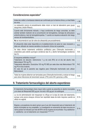 Diagnóstico y tratamiento del aborto espontáneo, incompleto, diferido y recurrente, Guía de Práctica Clínica
22
Consideraciones especiales41
Antes de a referir, el embarazo debería ser confirmado por la historia clínica y un test fiable
de orina.
P/R
La evaluación previa al procedimiento debe incluir un test de laboratorio para grupo
sanguíneo y factor Rhesus.
R-C
Cuando esté clínicamente indicado, o haya condiciones de riesgo conocidas, se debe
solicitar también medición de la concentración de hemoglobina, tamizaje de anticuerpos
antieritrocitarios y test de hemoglobinopatías. Y cuando se requiera evaluación del riesgo
venoso de tromboembolismo.
R-C
No se recomienda el uso de rutina de ultrasonido pre-procedimiento. R-B
El ultrasonido debe estar disponible en el establecimiento de salud en caso necesario y
debe ser utilizado de manera sensible a la situación clínica de la paciente.
R-C
Se debe ofrecer tratamiento antibiótico profiláctico para Chlamydia trachomatis y
anaerobios para aborto quirúrgico (evidencia tipo A) y aborto farmacológico (evidencia
tipo C).
R-A
El esquema antibiótico incluye42
:
Tratamiento de elección: Azitromicina 1 g vía oral (PO) en el día del aborto más
Metronidazol 750 mg PO.
Tratamiento alternativo: Doxiciclina 100 mg PO BID por siete días más Metronidazol 750
mg PO el día el aborto.
En caso de que la paciente sea negativa para Chlamydia trachomatis solo utilizar
Metronidazol.
R-C
Todas las mujeres deberían ser tamizadas para Chlamydia trachomatis y evaluar el riesgo
para otras infecciones de transmisión sexual, (ITS) como HIV, gonorrea y sífilis.
R-B
9. Tratamiento farmacológico del aborto espontáneo
El tratamiento farmacológico tiene mayor éxito cuando se prescribe en aborto incompleto
y en dosis de Misoprostol 600 µg por vía oral o 400 µg por vía sublingual.
E-1b
La vía de administración del misoprosol no influye en la tasa de éxito del tratamiento,
aunque unos pocos ensayos clínicos han reportado tasas de éxito mayores cuando se
utiliza vía vaginal.
E-1b
Mujeres y proveedores de salud opinan que el uso del misoprostol para el tratamiento del
aborto incompleto es muy aceptable. La investigación en escenarios de bajos recursos en
varios países ha indicado que más del 90% de las mujeres se encontraba «muy satisfecha»
o «satisfecha» con el tratamiento con misoprostol.22-23-24-25-26
E-1b
 