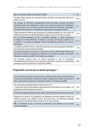 Diagnóstico y tratamiento del aborto espontáneo, incompleto, diferido y recurrente, Guía de Práctica Clínica
27
No se recomienda utilizar LIU después de AMEU. R-A
Se debe utilizar solución con oxitocina durante y posterior a la evacuación uterina por
AMEU o por LUI.
R-A
Las ventajas de administrar prostaglandinas antes del manejo quirúrgico del aborto
espontáneo están bien establecidas aunque no se cuenta con estudios de investigación
que documenten su uso; se refiere que disminuyen la fuerza de la dilatación, hemorragias
y el trauma cérvico-uterino, principalmente en gestaciones del segundo trimestre.
E-3
Existe insuficiente evidencia para recomendar la profilaxis antibiótica de rutina antes del
tratamiento quirúrgico de aborto espontáneo, aunque si en los otros tipos de abortos.
E-1b
En una revisión sistemática del uso de profilaxis antibiótica en aborto espontáneo
incompleto no mostró diferencias en relación a las tasas de infección posaborto. Por
lo anterior, no se justifica la utilización rutinaria de tratamiento antibiótico en el aborto
espontáneo.
E-1 a
La profilaxis antibiótica previa a tratamiento quirúrgico de aborto espontáneo dependerá
de la evaluación clínica particular de sepsis.
P/R
En caso de sospecha de infección, la evacuación uterina se debe realizar después de
6-8 horas de iniciada la impregnación antibiótica si la condición lo permite. No se debe
demorar en realizar una AMEU si la condición es inestable.
R-A
Las pacientes quienes tienen un aborto espontáneo y que se encuentran
hemodinámicamente estables, se les debe dar la información necesaria y la oportunidad
de elegir la opción de tratamiento (misoprostol o AMEU).
R-B
Preparación cervical para el aborto quirúrgico 41
Serecomiendalapreparacióncervicalpreviaaunabortoquirúrgicoparaaquellosembarazos
mayores de nueve semanas completas en mujeres nulíparas, para mujeres menores de 18
años y para todas las mujeres con embarazos mayores a 12 semanas completas.
R-B
Se recomienda el siguiente régimen hasta la semana 14:
- misoprostol 400 µg administrados vaginalmente tres horas antes de a la cirugía o vía
sublingual dos horas antes de a la misma.41
R-B
El misoprostol vaginal también puede ser usado y administrado directamente por la paciente. R-B
Después de la semana 14 de gestación, los dilatadores osmóticos pueden proveer una
dilatación superior a los métodos clínicos. De todas formas, una alternativa aceptable
sigue siendo el misoprostol hasta la semana 18, en caso necesario.
R-B
NO se recomienda el uso de oxitocina o ergometrina como profilaxis ya que causan
excesivo sangrado.
R-A
 