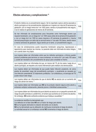 Diagnóstico y tratamiento del aborto espontáneo, incompleto, diferido y recurrente, Guía de Práctica Clínica
32
Efectos adversos y complicaciones 41
El aborto médico es un procedimiento seguro. Se ha reportado ruptura uterina asociada a
aborto quirúrgico en los procedimientos realizados en mujeres con más de 20 semanas de
gestación, con un riesgo menor de 1 en 1000 casos, siendo un procedimiento más seguro,
si se lo realiza en gestaciones de menos de 20 semanas.
R-B
Se han informado de complicaciones poco frecuentes como hemorragia severa que
requiere transfusión, con un riesgo de 1 en 1000 casos antes de la semana 20 de gestación
y, con un riesgo de 4 en 1000 en casos mayores a 20 semanas de gestación y; trauma
cervical posquirúrgico con daño del os cervical menor a 1 de cada 100 casos, siendo menor
a menos semanas de gestación. Sigue siendo por lo tanto, un procedimiento seguro.
R-B
En caso de complicaciones puede requerirse transfusión sanguínea, laparascopía o
laparotomía para resolver las mismas. La paciente debe ser informada de estos riesgos,
aun cuando sean muy bajos.
R-B
Las mujeres deben ser informadas sobre que los métodos quirúrgicos y clínicos pueden
producir problemas para terminar un nuevo embarazo, en menos de 1 por cada 100 casos
y, puede ser necesario otro procedimiento de apoyo para completar el mismo.
R-B
Las mujeres deben ser informadas de que, en menos del 1% de los casos, luego de un
aborto quirúrgico, se requiere una nueva intervención para realizar una reevacuación.
R-C
Las mujeres deben ser informadas de que puede haber infección posaborto, de varios
grados de severidad, luego del procedimiento quirúrgico, y usualmente es causada por
una infección preexistente. El tratamiento profiláctico con antibióticos y el tamizaje de ITS
puede reducir este riesgo.
R-B
Las mujeres deben ser informadas de que el aborto NO se asocia con un aumento del
riesgo de cáncer de mama. 41 R-A
Las mujeres deben ser informadas que NO se ha probado relación alguna entre aborto y
embarazo ectópico subsecuente, placenta previa o infertilidad subsecuentes. 41 R-B
Las mujeres deben ser informadas de que el aborto se asocia con un pequeño aumento del
riesgo de parto prematuro o pretérmino, el número que aumenta con el número de abortos.
Sin embargo, NO existe suficiente evidencia que implique causalidad. 41
R-B
La evidencia científica ha demostrado que:
Los defectos en la fase lútea NO son un factor de riesgo para aborto.
NO se ha logrado demostrar la relación del estrés con el aborto.
NO se ha demostrado que la utilización de marihuana incremente el riesgo de aborto.
La actividad sexual en un embarazo normal NO incrementa el riesgo de aborto.
E-2b
 
