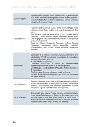 Diagnóstico y tratamiento del aborto espontáneo, incompleto, diferido y recurrente, Guía de Práctica Clínica
46
Contraindicaciones
Hipersensibilidad al fármaco u otros nitroimidazoles. Ingesta concurren-
te de alcohol (incluso tres días luego de suspender metronidazol). Uso
concurrente de disulfiram (incluso en dos semanas previas). Embarazo,
principalmente en primer trimestre
Efectos adversos
Frecuentes: dolor abdominal, náusea, vómito, diarrea. Vértigo o mareo,
cefaleas, anorexia. Sabor metálico en la boca, lengua saburral. Orina
rojiza.
Poco frecuente: disgeusia, sequedad de la boca. Irritación vaginal,
candidiasis. Cambios de humor, torpeza. Exantemas, eritema, prurito.
Dolor de garganta, fiebre, dolor de espalda, debilidad en pies y manos,
tinnitus, entumecimiento.
Raros: convulsiones. Neutropenia. Neuropatía periférica. Síncope.
Parestesias, neurotoxicidad (ataxia, inestabilidad, confusión),
hipersensibilidad (rash, urticaria, eritema multiforme, angioedema,
anafilaxis).
Interacciones
Disminución de la eficacia: barbitúricos, fenitoína, rifampicina, otros
inductores del CYP450: aumento en la metabolización de metronidazol.
Aumento de los efectos adversos:
Alcohol: reacción tipo disulfiram.
Ciclosporina, fluorouracilo: se afectan sus metabolizaciones,
incrementando los efectos tóxicos de los inmunosupresores.
CimetidinayotrosinhibidoresdelCYP3A4:puedenafectarmetabolización
de metronidazol.
Disulfiram: desarrollo de psicosis aguda, estado confusional.
Warfarina, fenitoína, litio: disminuyen sus metabolizaciones, aumentando
sus efectos adversos.
Uso en el embarazo
CategoríaC.Atraviesabarreraplacentaria.Mutagénicoycarcinogénicoen
modelos animales. Efectos en organogénesis humana no completamente
definidos. Contraindicado durante embarazo, especialmente en primer
trimestre. En segundo y tercer trimestre, uso excepcional.
Uso en la lactancia
Se excreta por leche materna. Provoca mal sabor de boca en el lactante,
lo cual puede afectar la lactancia. Además se desconoce mucho sobre
seguridad para el lactante. Se aconseja suspender lactancia durante 12
a 24 horas, cuando se utiliza metronidazol en una sola dosis. No existen
recomendaciones para la terapia continua con el fármaco.
 